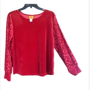3/$45 Ruby rd velvet red top with abstract animal print leopard print sleeves PL